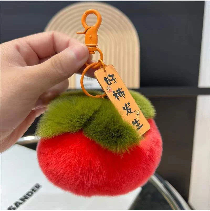 2024 Real Rabbit Fur Mini Persimmon Keychain – Cute Plush Rex Fur Pendant for Bags, Cars, and Gifts