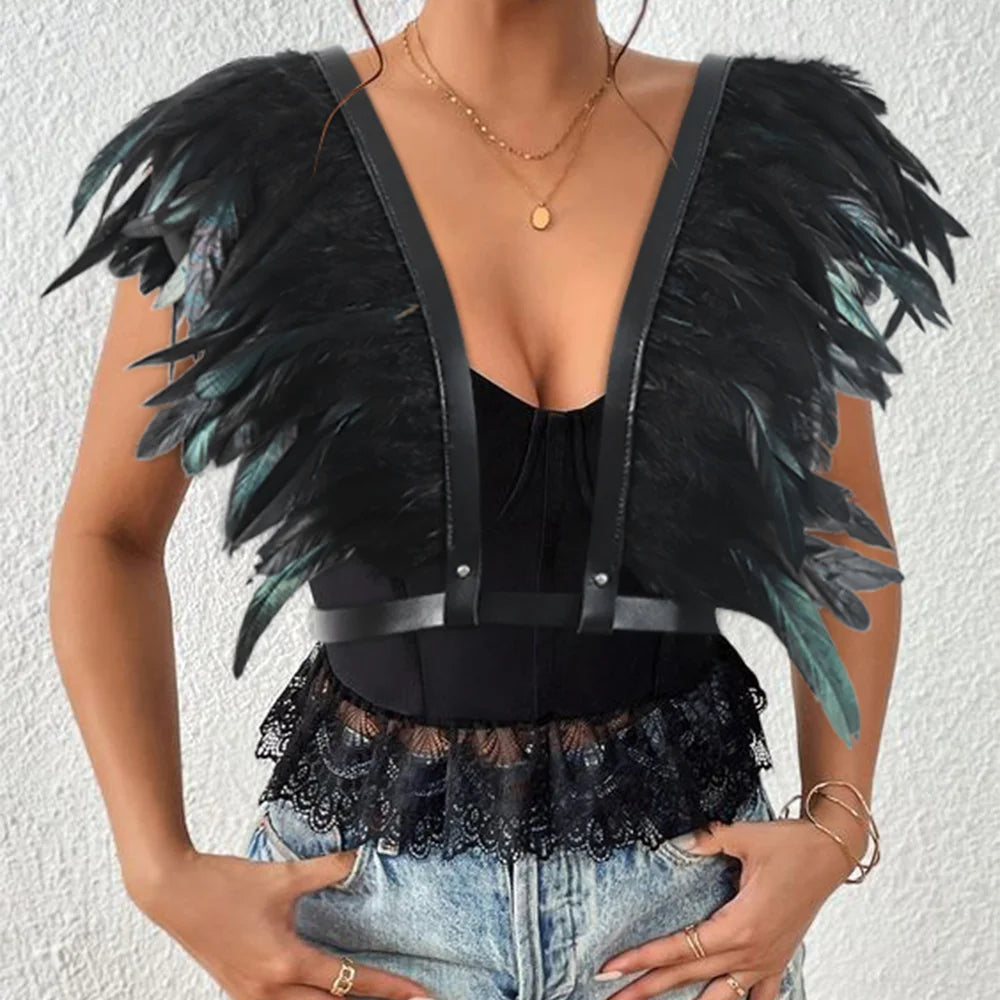 Vintage Medieval Feather Belt Shawl Cloak – Renaissance Halloween Cosplay Shoulder Feather Costume Accessory