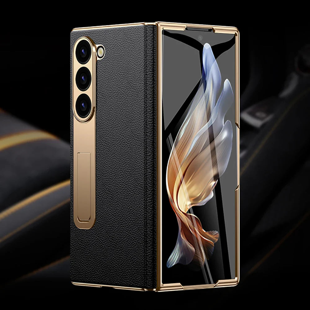 LANGSIDI Leather Case for Samsung Galaxy Z Fold 6/5/4/3 – Gold Plated Magnetic Hinge Cover with Mirror Film & Stand