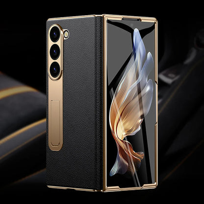 LANGSIDI Leather Case for Samsung Galaxy Z Fold 6/5/4/3 – Gold Plated Magnetic Hinge Cover with Mirror Film & Stand
