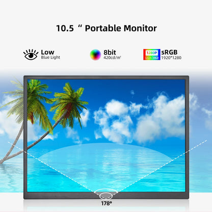 ZSUS 10.5-Inch Portable Monitor — 1280P, 100% sRGB, 15:10, Low Blue Light, Compatible with Xbox, PS4/5, Switch, Phone & PC/Laptop Extension