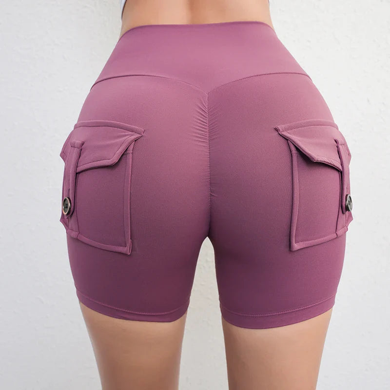 Women’s Peach Butt Fitness Shorts – High-Waisted Lift Yoga Capri Pants with Cargo Pockets, Quick-Dry Summer Workout Leggings