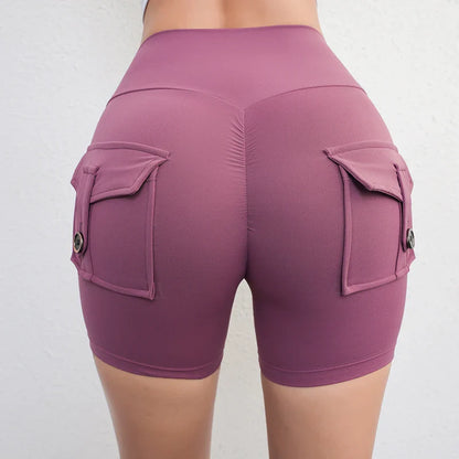 Women’s Peach Butt Fitness Shorts – High-Waisted Lift Yoga Capri Pants with Cargo Pockets, Quick-Dry Summer Workout Leggings