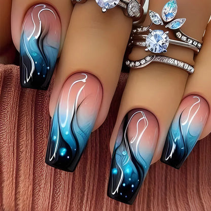 24pcs Blue Golden Stripe Press-On Nails Shiny Powder Long Square Full Cover False Nail Tips Wearable Love Design