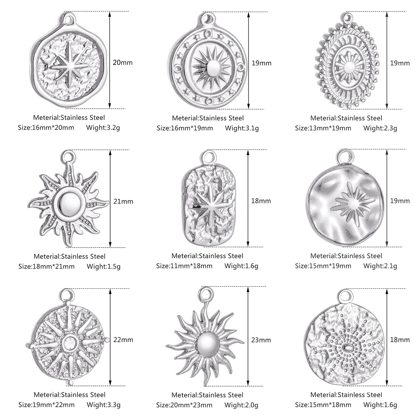 Stainless Steel Sunburst Sun Moon Star Charms Pendant – DIY Jewelry Making for Necklace, Bracelet & Earrings