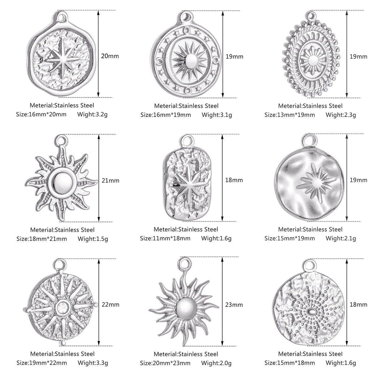 Stainless Steel Sunburst Sun Moon Star Charms Pendant – DIY Jewelry Making for Necklace, Bracelet & Earrings