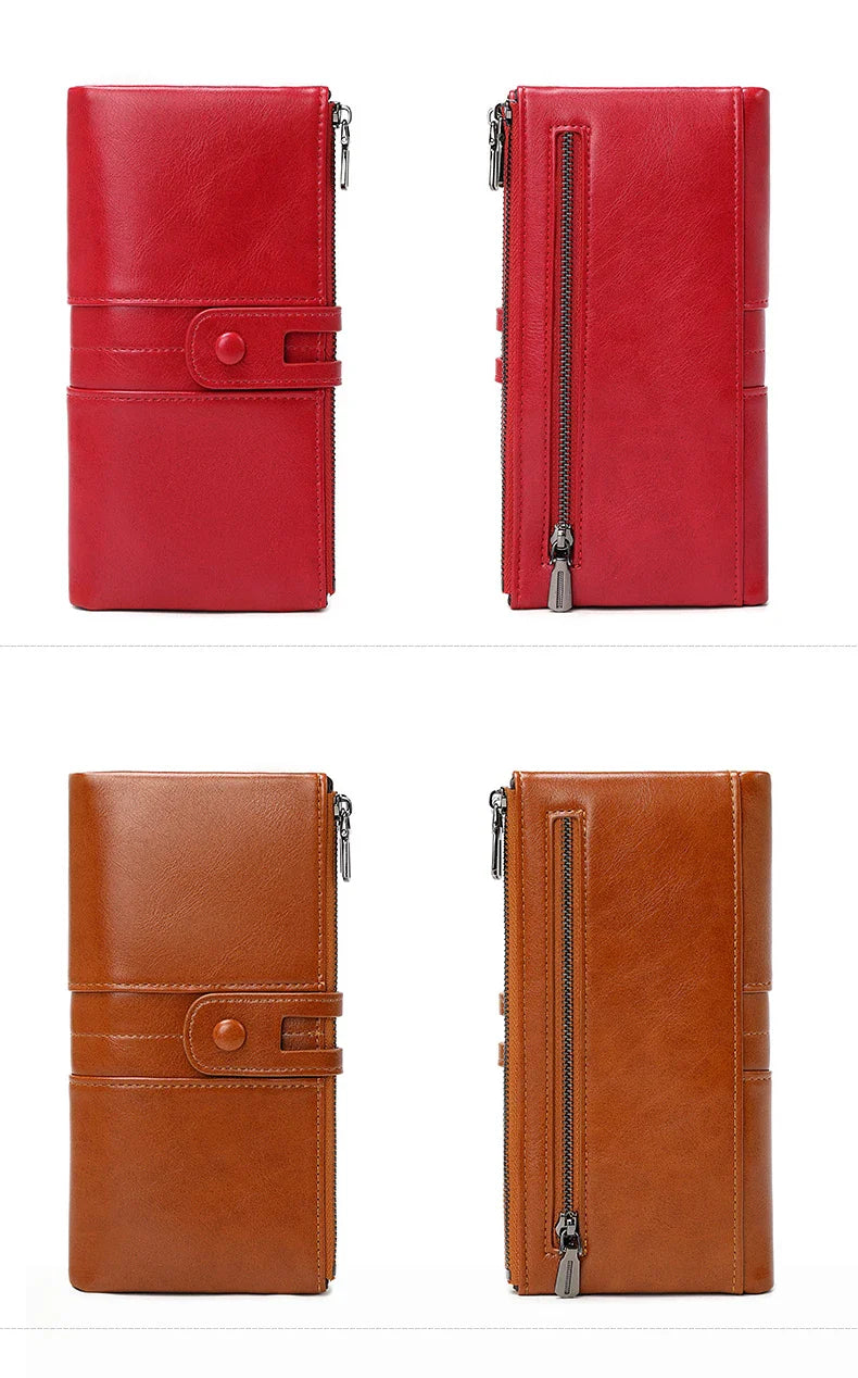 RFID Blocking Large Capacity Wallet – Soft Leather Solid Color Clutch, Multi-Functional Zipper Purse for Women & Men