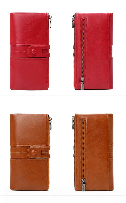 RFID Blocking Large Capacity Wallet – Soft Leather Solid Color Clutch, Multi-Functional Zipper Purse for Women & Men