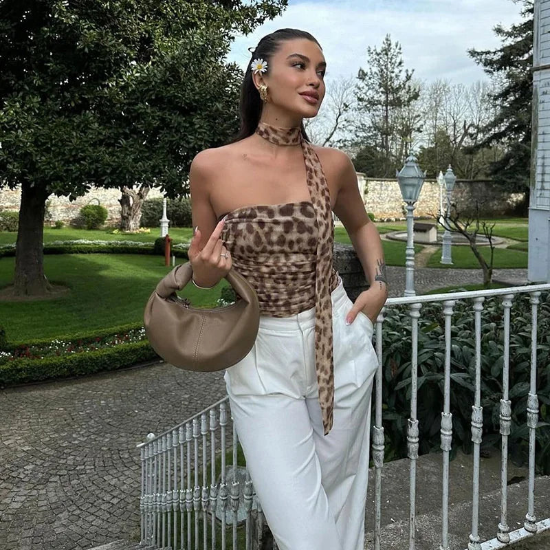 Women’s Tulle Leopard Print Off-Shoulder Top – Summer Casual Bandeau Blouse with Straight-Cut Neckline
