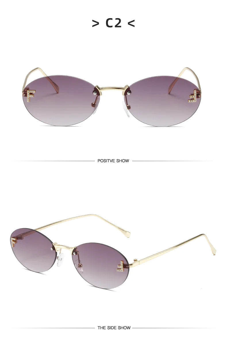 Diamond Letter "F" Rimless Sunglasses | Women’s Luxury Metal Frame Black Oval UV400 Shades