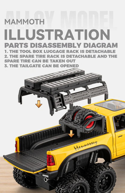 1:24 Dodge Mammoth RAM 1000 TRX 6x6 Diecast Model – Metal Alloy Pickup Toy Car with Lights for Kids & Collectors