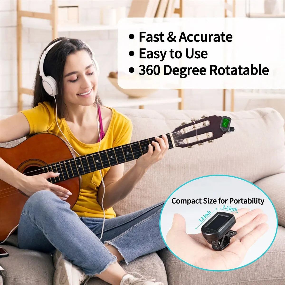 Clip-On Guitar Tuner: Electronic Tuner for Guitar, Bass, Ukulele, Violin, Mandolin, and Banjo - All Instruments