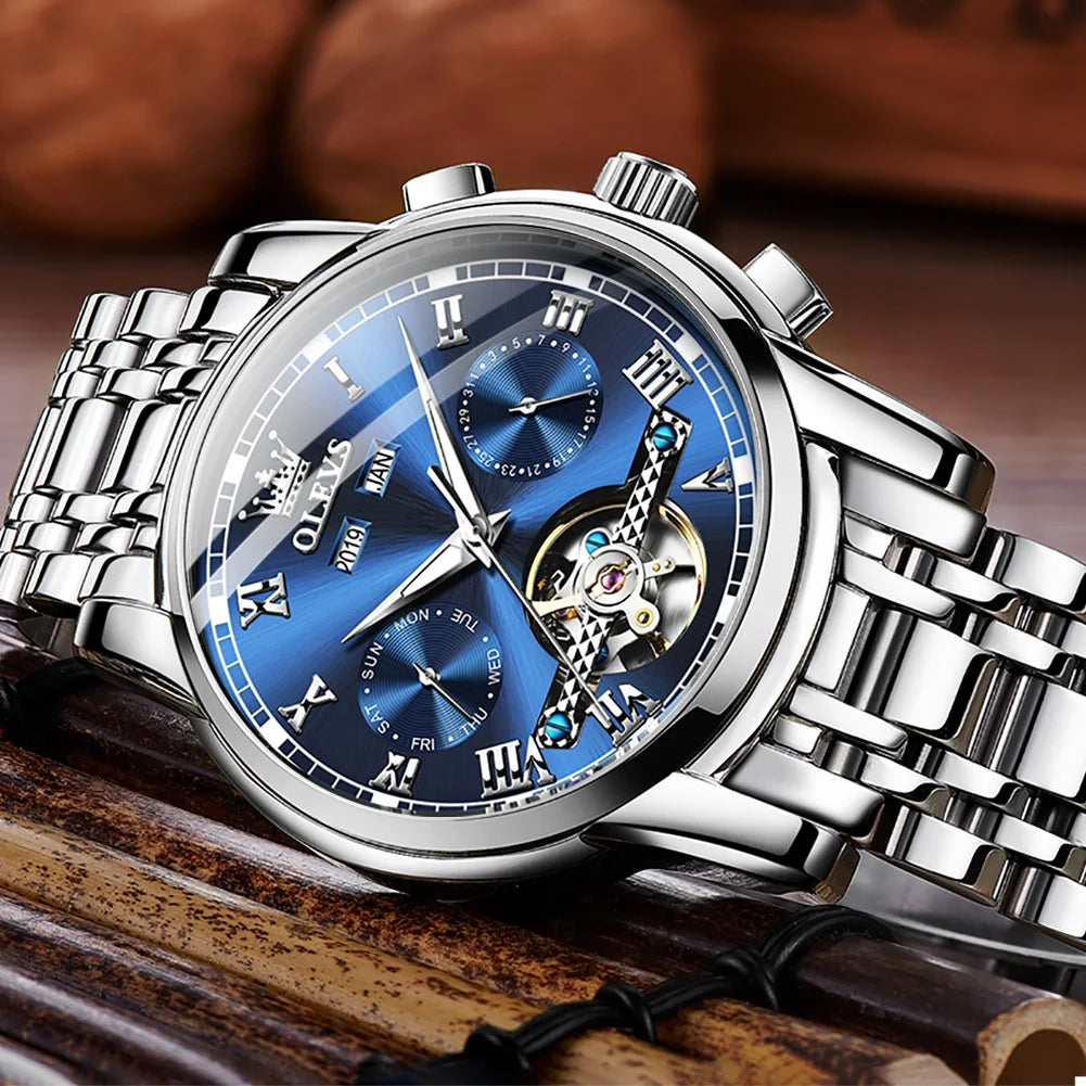 OLEVS Men's Automatic Mechanical Watch – Waterproof Stainless Steel Business Wristwatch with Skeleton Calendar