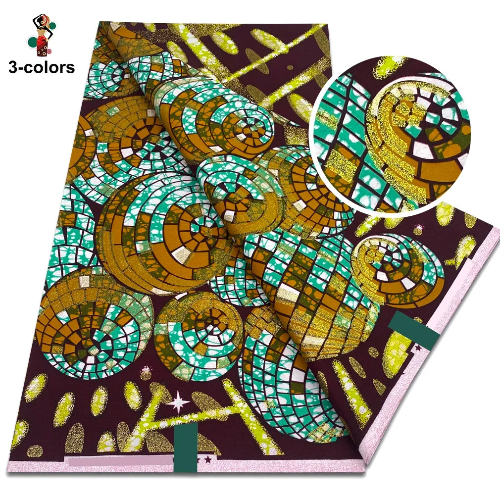 African Glitter Glam Wax Fabric - 100% Cotton Golden Ankara Print 6 Yards