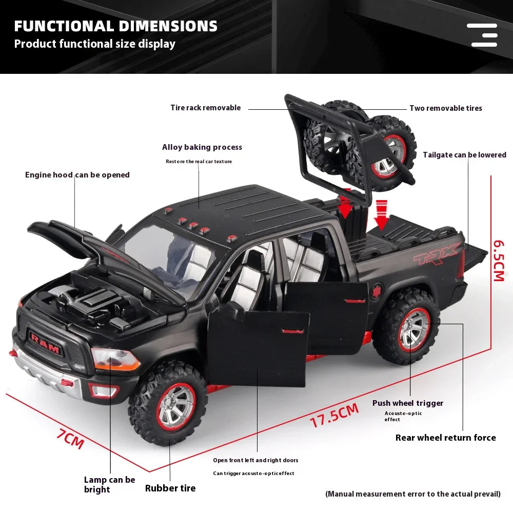 1:32 RAM Pickup Truck Alloy Model – Sound, Light & Spring-Back Action Toy for Kids’ Adventure Play