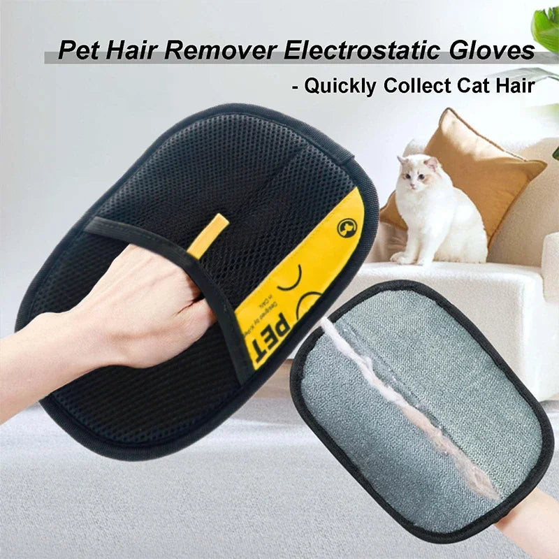 Pet Hair Remover Gloves for Cats & Dogs — Reusable Electrostatic Grooming Glove with 2-in-1 Lint Roller Brush, Safe & Washable