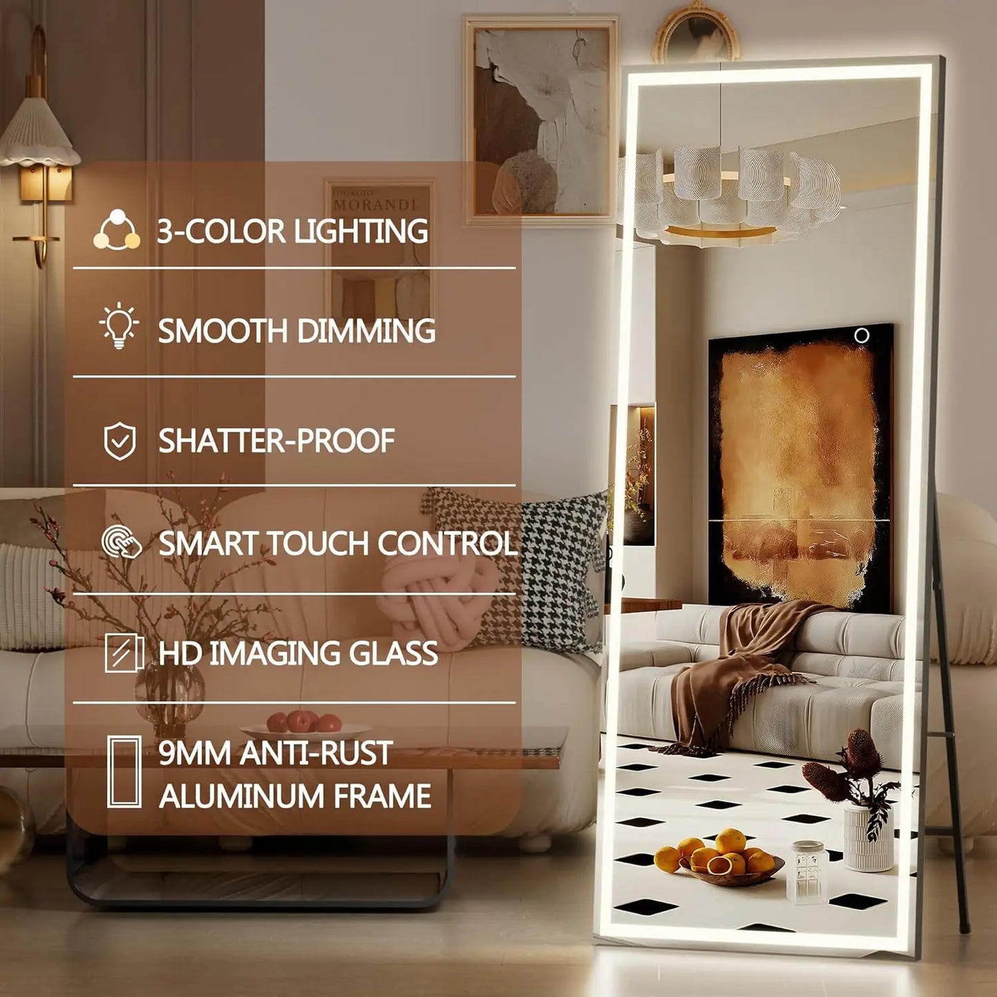 Rizzon LED Full-Length Dressing Mirror — Full-Body Floor & Wall-Mount Mirror for Bedroom, Living Room & Cloakroom