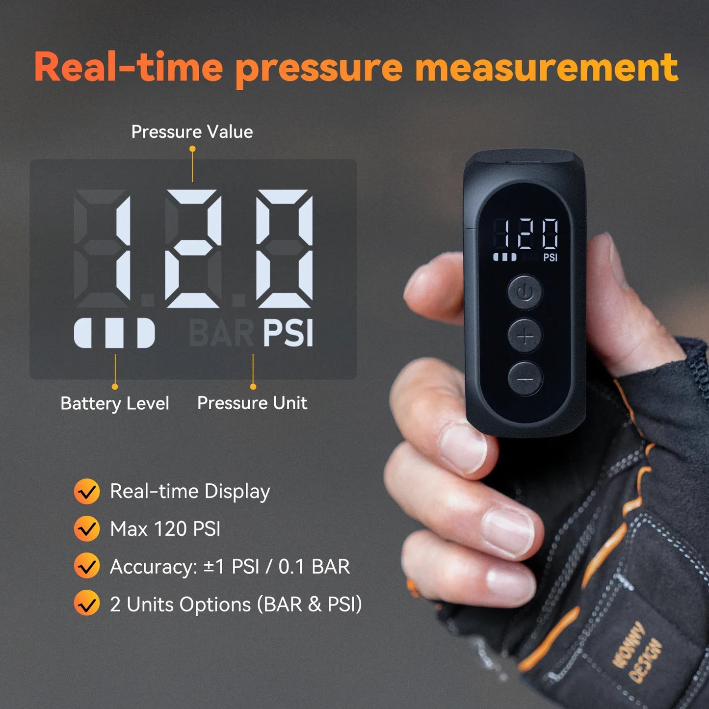 Anoutway AT1 Pro Mini Electric Bike Pump – Cordless Tire Inflator with Screen, 120PSI Max, 25-Min Fast Charging, 450mAh Battery