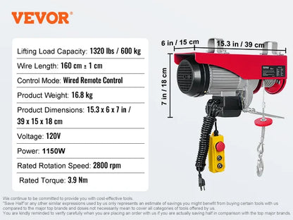 VEVOR 200–800kg Electric Hoist – Cable Winch Lifting Crane with Wired/Wireless Remote for Boat, Car, Garage & Elevator