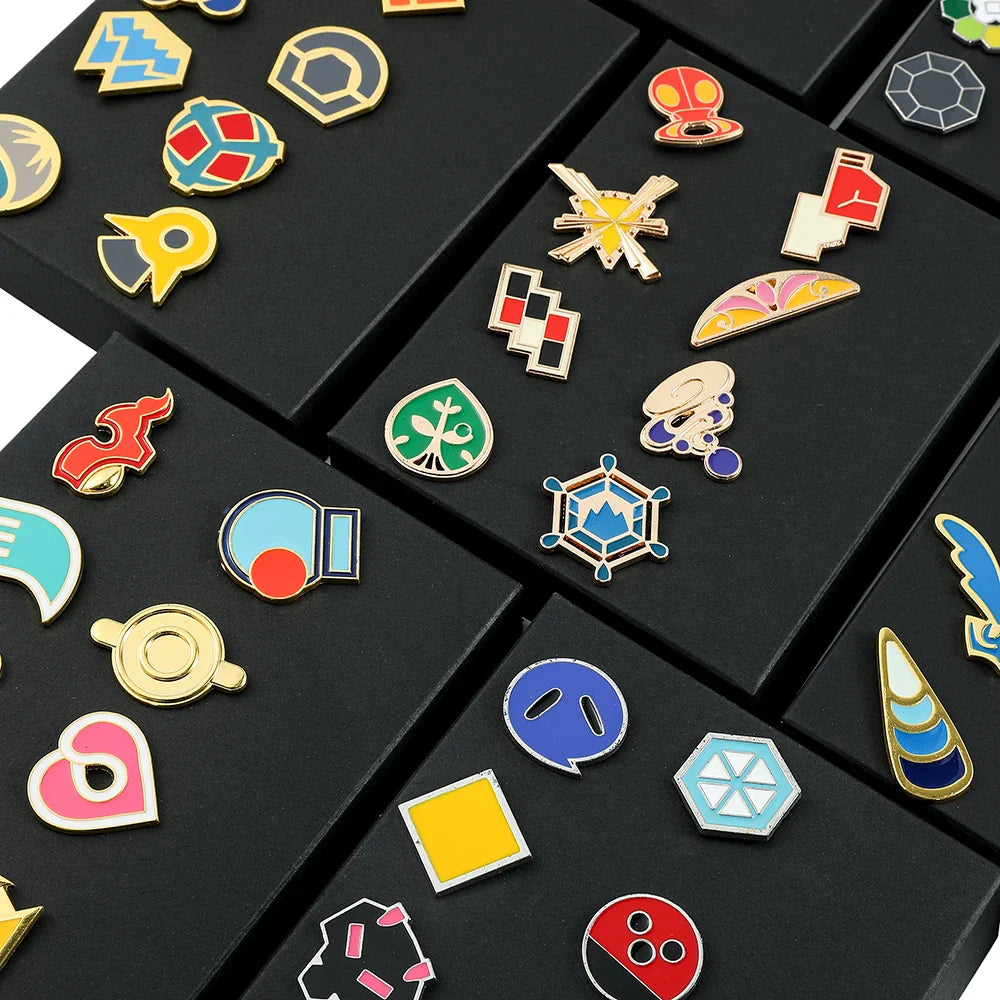 Anime League Gym Badge Set – Metal Brooches from Sinnoh, Johto, Hoenn & Indigo with Pikachu & Squirtle Figure Toys