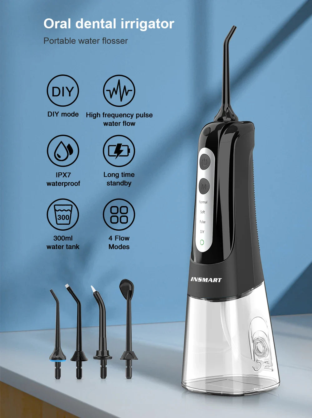 INSMART Portable Oral Irrigator – 300ml Waterproof Dental Water Flosser for Teeth Cleaning & Whitening