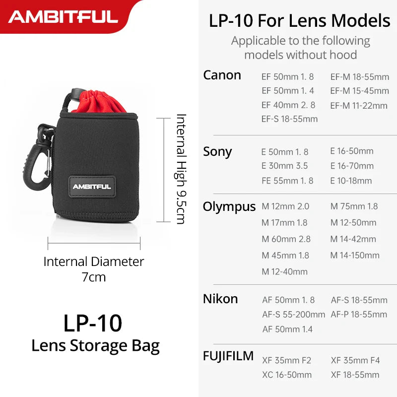 AMBITFUL Camera Lens Drawstring Bag — S/M/L/XL Pouches for Canon, Sony, Nikon DSLR Lenses