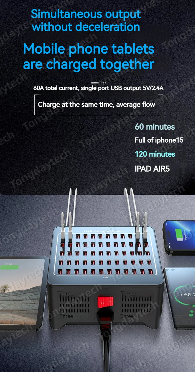 300W Universal Multi USB Charger Station – 60-Port Fast Charging for iPad, iPhone 11/12/13 Pro Max, Samsung Tablet