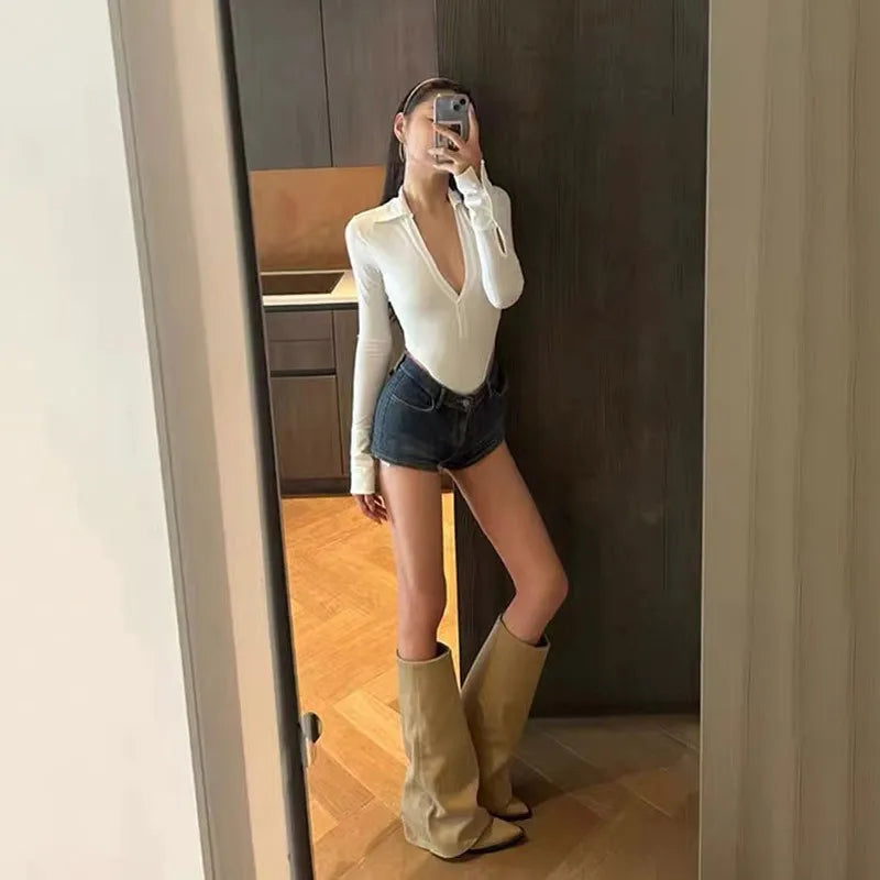 Khaki Wide Knee-High Women’s Boots – Pointed Toe Winter Shoes with Low Dwarf Heel