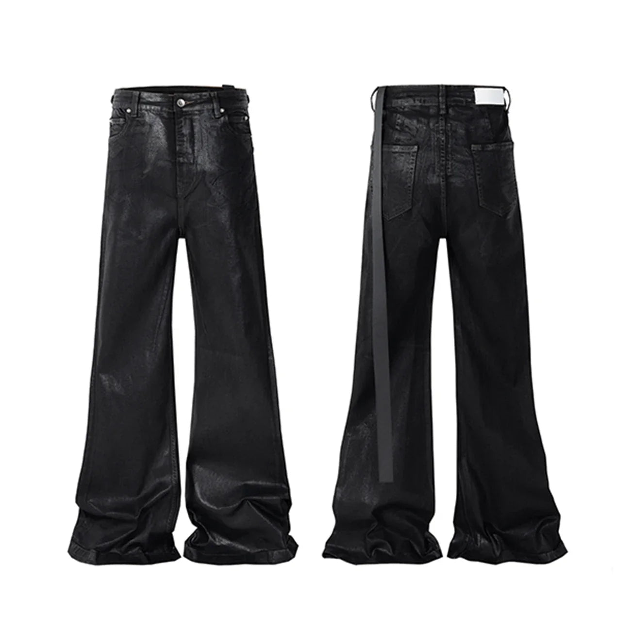 Men’s Streetwear Black Wax Leather Stretch Jeans — Baggy Y2K Flare Oversized Straight Denim Trousers