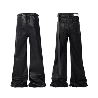 Men’s Streetwear Black Wax Leather Stretch Jeans — Baggy Y2K Flare Oversized Straight Denim Trousers