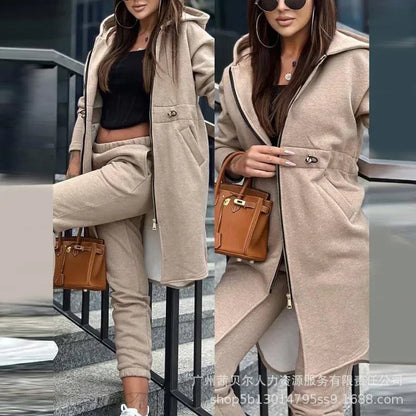 Autumn Winter Women's Hooded Jacket & Trousers Set – Casual Two-Piece Everyday Outfit