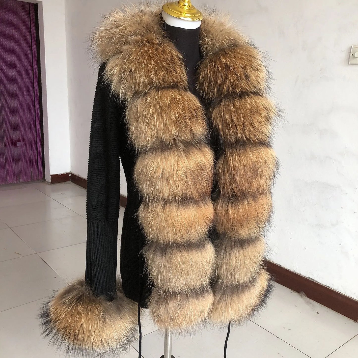 Women’s Spring & Autumn Sweater Cardigan – Real Fox Fur Collar Jacket, Natural Fur Outerwear