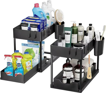 2-Tier Under Sink Organizer - Sliding Cabinet Basket with Hooks, Hanging Cup for Bathroom and Kitchen Storage