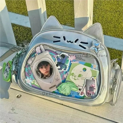 Y2K Korean Kawaii Cat Ita Bag — Cute PU Transparent Shoulder & Crossbody Bag for Girls, Harajuku Style Backpack