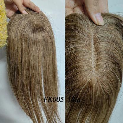 Brown Blonde Ombre Human Hair Toppers for Women – 10/12/14 Inches with Silk Base, Clips, and Bangs