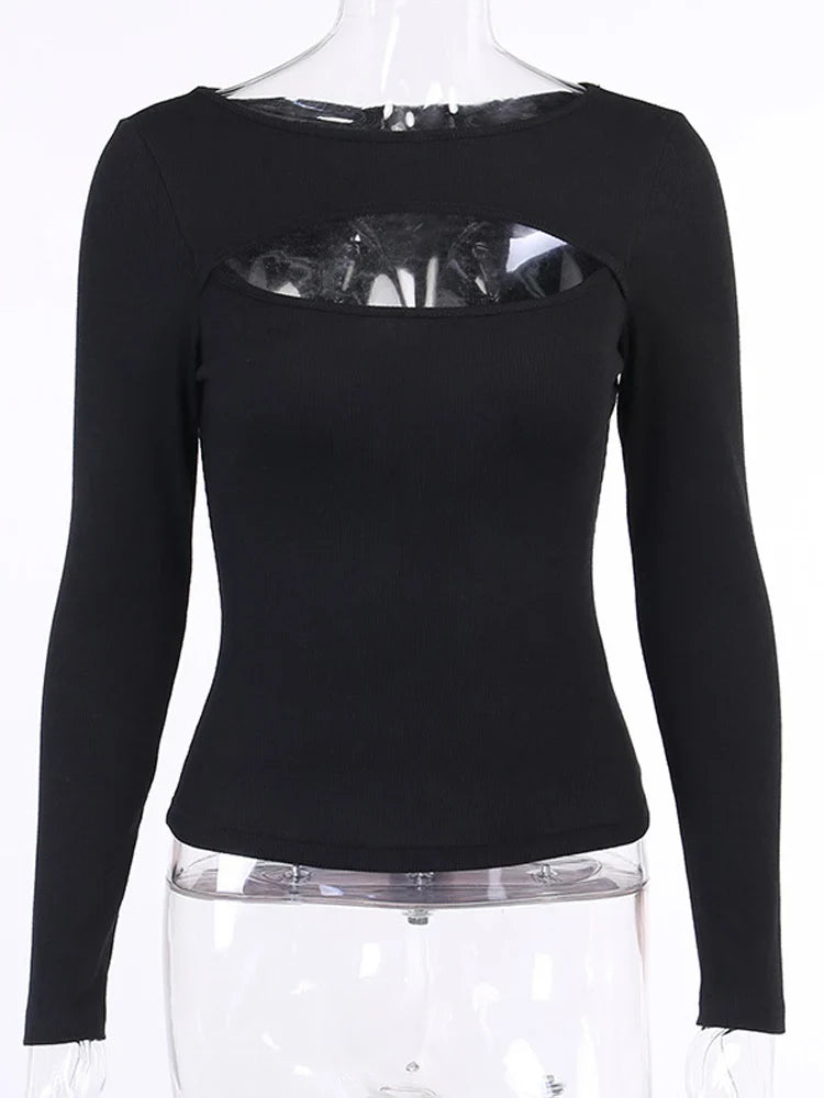 Chic Autumn Style: Women's Hollow Out Knitted Long Sleeve T-Shirt - Solid Black/White, Casual Slim Fit O-Neck Fashion Tee