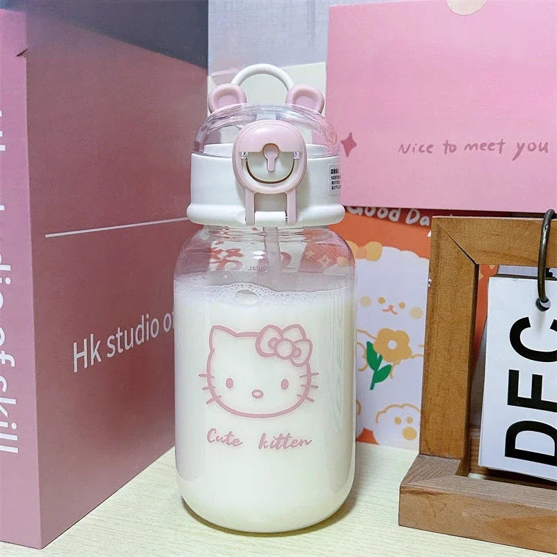 Sanrio Anime Transparent Straw Cup – Hello Kitty & Pochacco 500ML Plastic Water Cup with Handle for Students