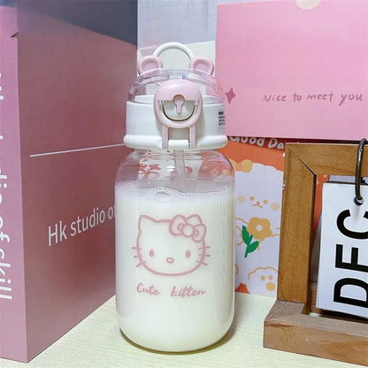 Sanrio Anime Transparent Straw Cup – Hello Kitty & Pochacco 500ML Plastic Water Cup with Handle for Students
