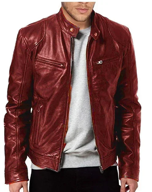 Men’s Slim Fit Motorcycle Leather Jacket – Short Lapel PU Zipper Windproof Coat for Autumn