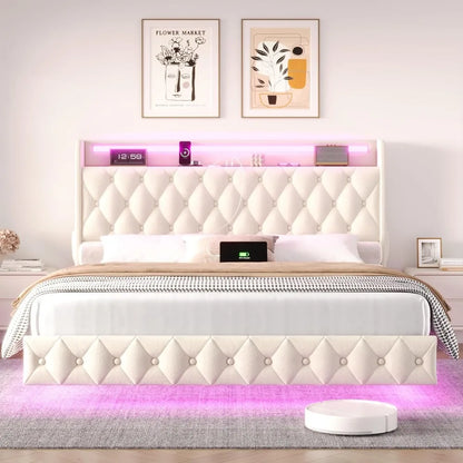 Floating Queen Size Bed Frame – Modern Upholstered Platform Bed with LED Lights, USB Charging Headboard & Velvet Fabric
