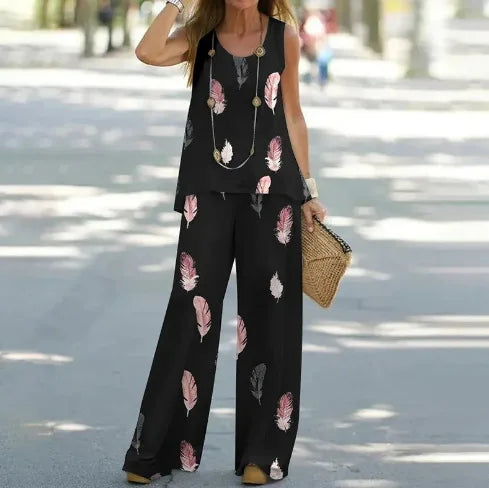 Women Printed 2-Piece Summer Suit Set – Sleeveless Round Neck Top & Wide Leg Pants Casual Loose Fit Outfit
