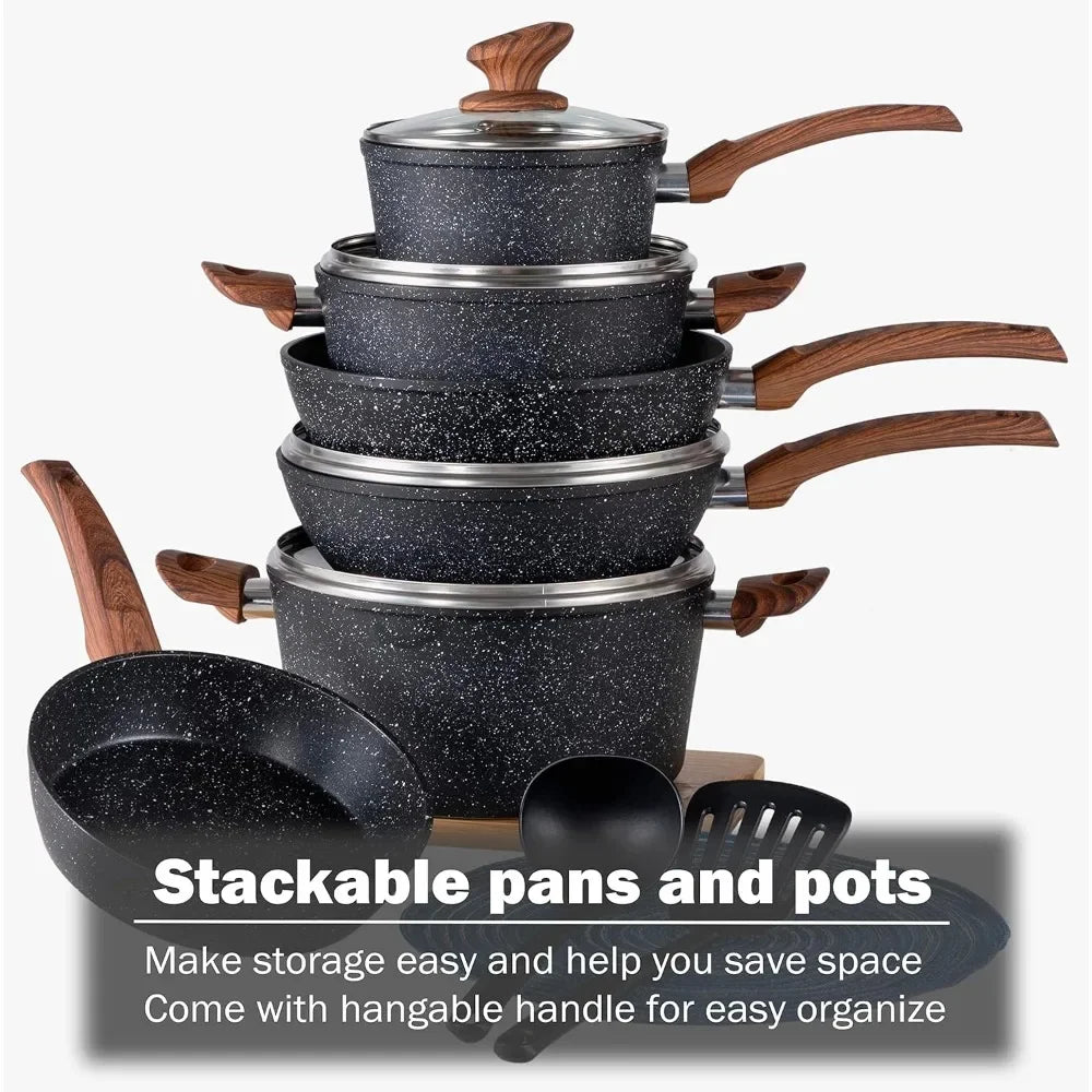 12 Piece Granite Black Nonstick Cookware Set - Induction Ready Pots and Pans