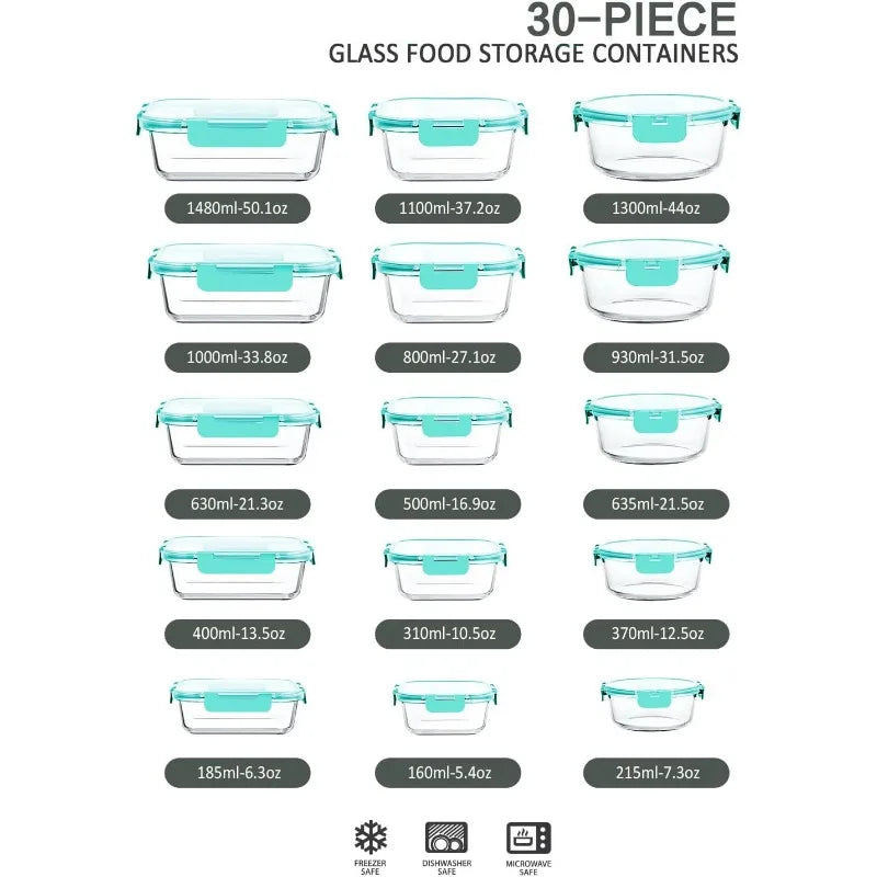 30-Piece Glass Food Storage Container Set — Airtight Meal Prep Containers with Upgraded Snap-Lock Lids, Oven Safe
