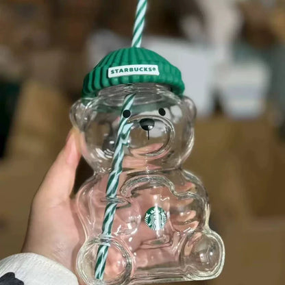 Starbucks Bearista Bear Glass Tumbler - 591ml 20oz Clear Cup with Green Lid & Straw