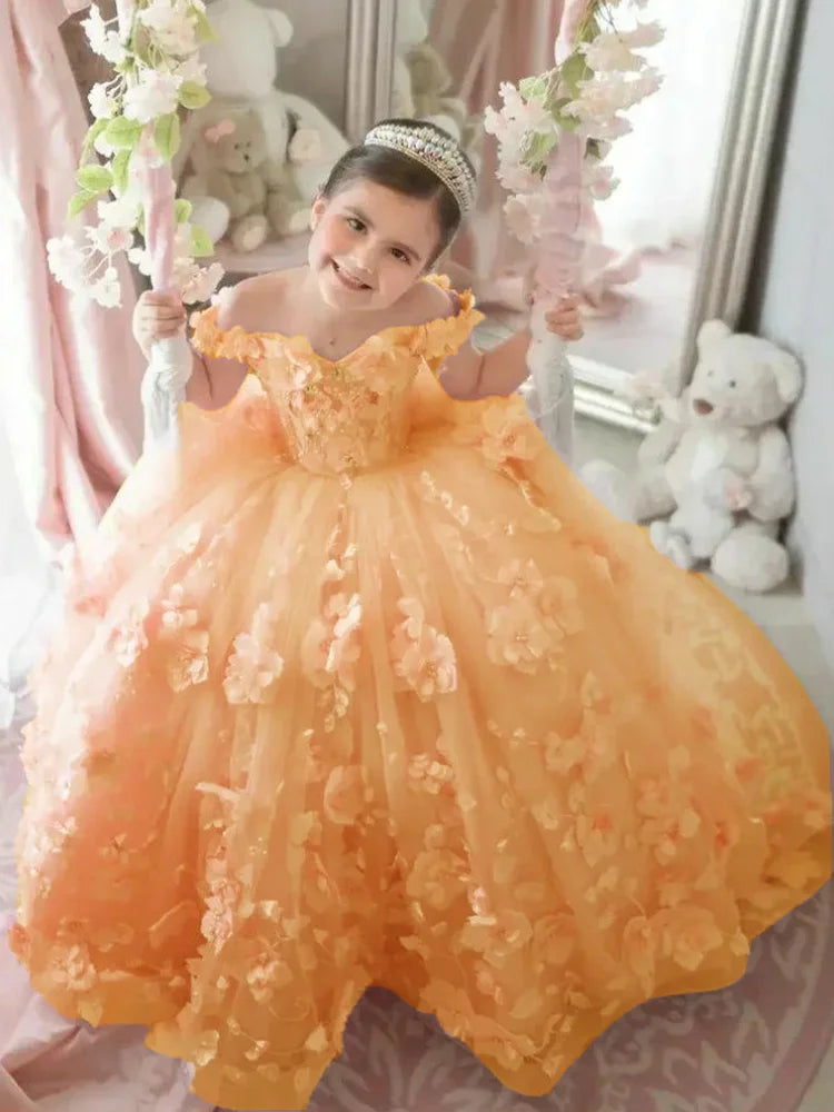Pink Flower Girl Dress - 3D Floral Applique Pearl Tulle Gown for Weddings & Parties