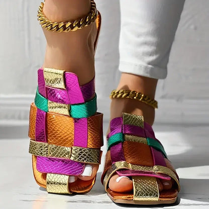 Colorful Square Toe Roman Flat Sandals - Women’s Summer Hollow Vacation Slippers