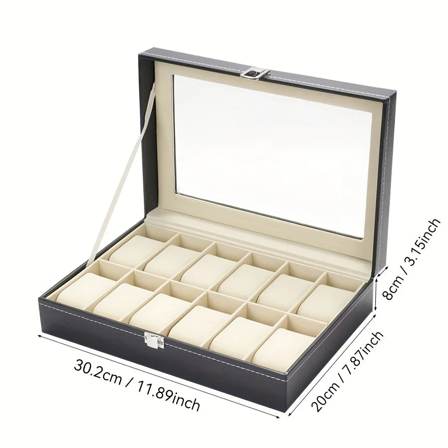 12-Slot Watch Organizer Display Case — Synthetic Leather Storage with Lock & Removable Pillows for Men, Travel & Gifts