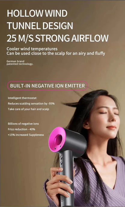 Professional Leafless Hair Dryer – Powerful Negative Ion Quick-Dry with 5 Attachments & Constant Anion Technology