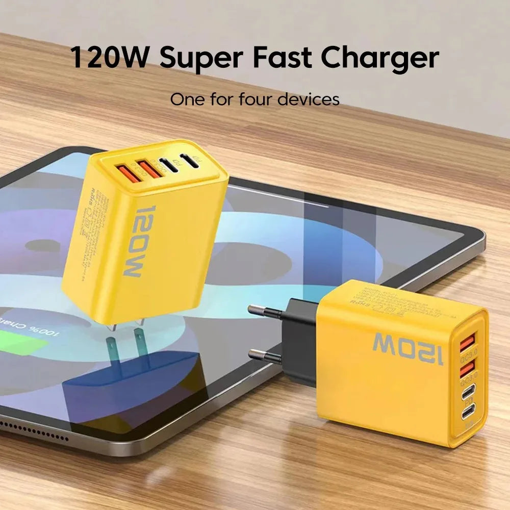 120W 4-Port USB Type-C Fast Charger – Quick Charge Adapter for iPhone, Samsung, Xiaomi