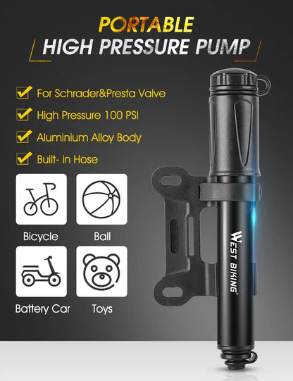 WEST BIKING 130PSI Mini Bike Pump – Portable Aluminum Alloy Hand Air Pump for MTB & Road Cycling, Drop-Proof & Ultralight
